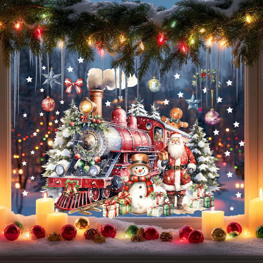 A set of Christmas Dream Train Toilet Sticker: A red train full of festive atmosphere, accompanied by Santa Claus and snowmen, surrounded by gifts and decorations, like a fairy tale scene, adding Christmas fun to the bathroom.