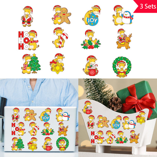 3套 快乐过圣诞可爱卡通长颈鹿转印水晶标贴 适用于水杯 咖啡杯 笔记本装饰等 UV DTF 创意diy贴纸 自粘防水创意diy转印贴纸