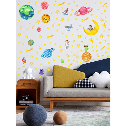 3pcs Watercolor cosmic space green glow-in-the-dark stickers featuring vivid planets and astronauts, celestial elements, suitable for art decoration, home decor, self-adhesive and removable, waterproof, DIY green glow wall stickers