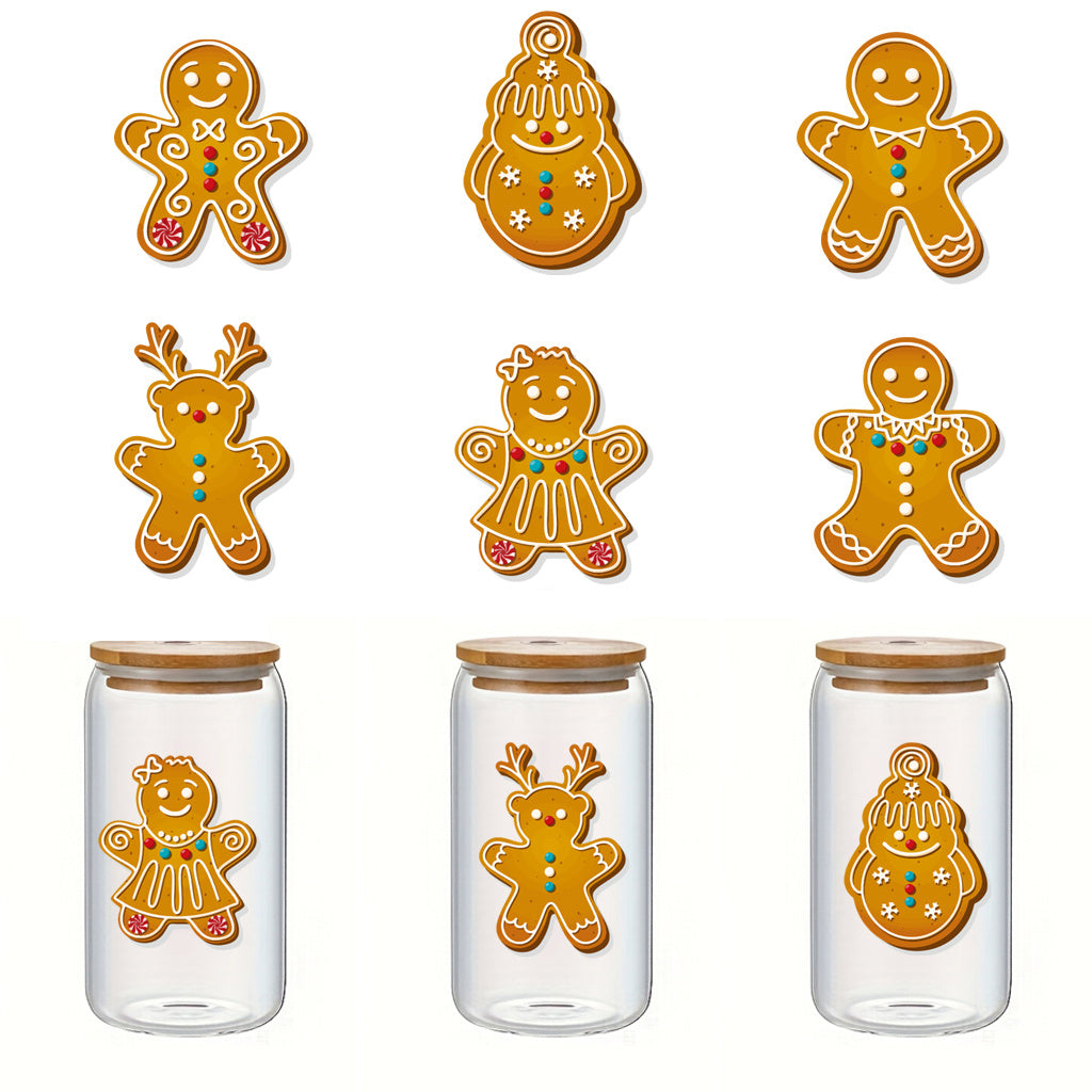 3套 圣诞节可爱姜饼人转移水晶标贴纸 适用于男孩女孩文具 水杯 笔记本装饰 咖啡杯装饰 自粘防水创意DIY UV DTF贴纸 增添节日欢乐氛围与生活趣味性