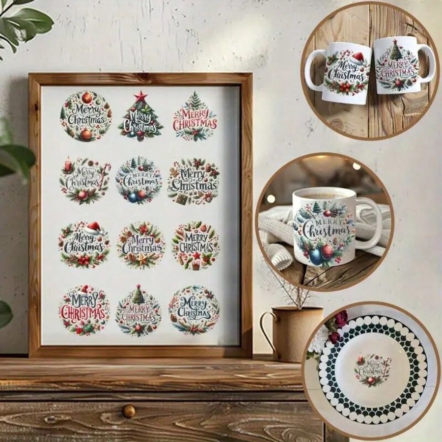 1 set of 12pcs UV DTF Merry Christmas - Waterproof Stickers For Cups, Refrigerators, Water Bottles, Coffee Cups, Etc. - High-Quality DIY Vinyl Decals With Festive Holiday Designs