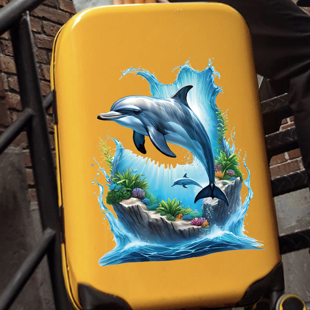 1pc Lifelike dolphin underwater scene stickers, realistic marine mammals with coral reef waves, perfect for ocean-themed decoration, marine art accents, self-adhesive, removable, and waterproof wall decals