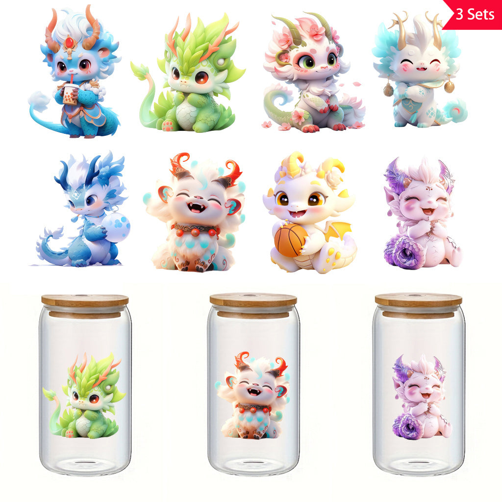 3套 奇趣可爱卡通神话龙贴纸系列 - 色彩丰富、设计迷人的幻想龙图案，是艺术装饰的理想之选，营造迷人氛围，适用于玻璃罐及家居装饰空间，自粘可移除防水创意 DIY 水晶标签转印贴纸