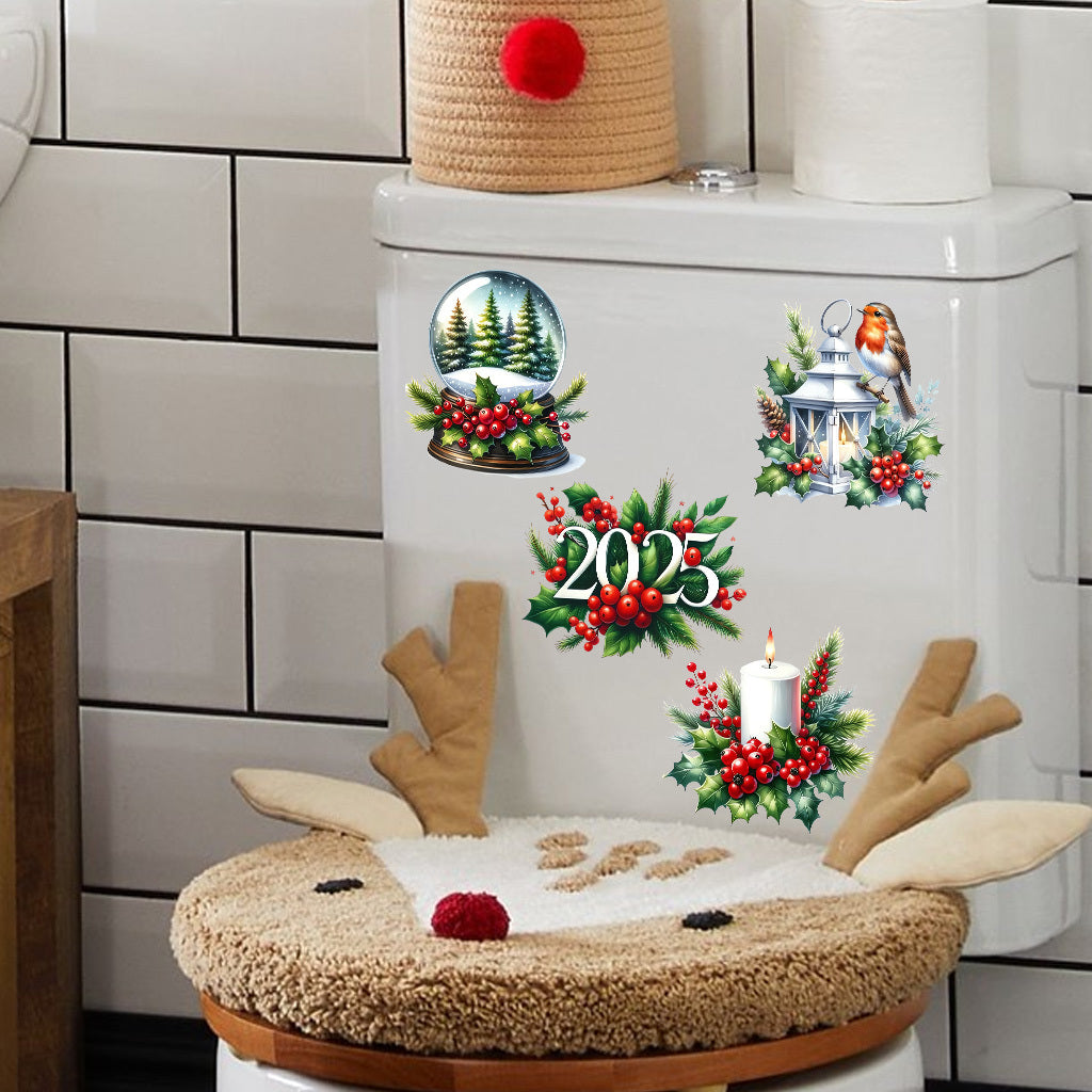 1套 2025圣诞节花卉水果铃铛转印水晶标贴纸 适用于水杯 咖啡杯 笔记本装饰等 自粘防水DIY贴纸 UV DTF 转印贴纸办公室和家用