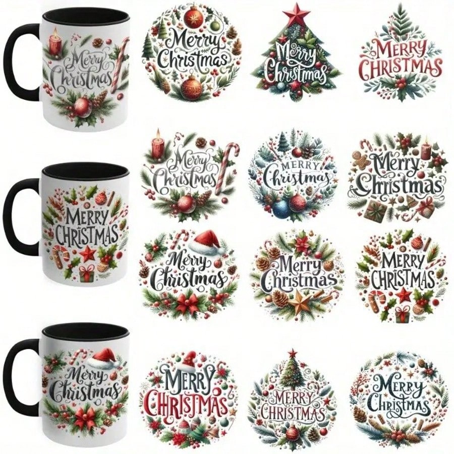 1 set of 12pcs UV DTF Merry Christmas - Waterproof Stickers For Cups, Refrigerators, Water Bottles, Coffee Cups, Etc. - High-Quality DIY Vinyl Decals With Festive Holiday Designs