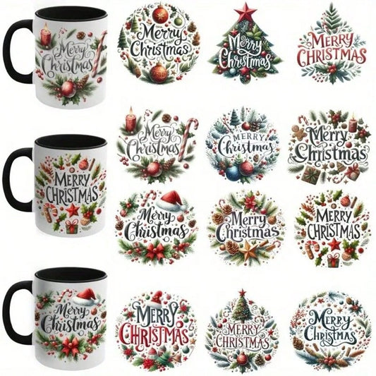 1 set of 12pcs UV DTF Merry Christmas - Waterproof Stickers For Cups, Refrigerators, Water Bottles, Coffee Cups, Etc. - High-Quality DIY Vinyl Decals With Festive Holiday Designs