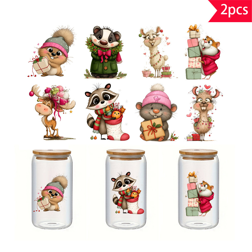 2pcs Cute cartoon Christmas animal UV DTF Crystal label transfer sticker series - Charming squirrel, badger, alpaca and raccoon designs, perfectly adding a festive and artistic atmosphere to glass jars and adult holiday home decoration Spaces. Self-adhesi