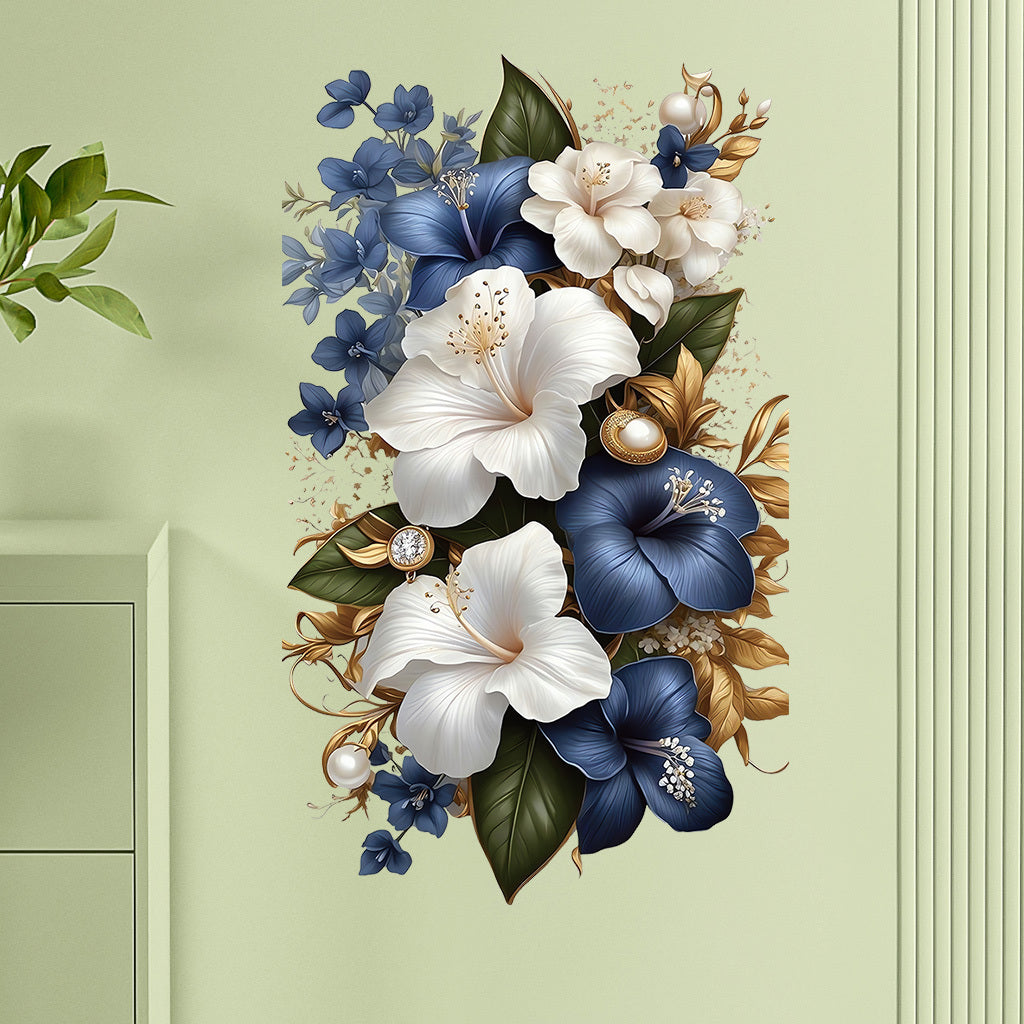 1pc Luxury Blue White Floral Sticker with Gold Accents Opulent Hibiscus Bouquet with Pearls Gems, Perfect for Elegant Decor, Sophisticated Art Accents Glamorous Aesthetic Enhancements