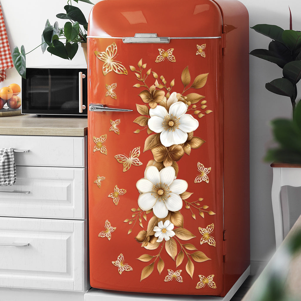 1pc Luxurious gold floral butterfly stickers, self-adhesive wall decals with gorgeous white flowers, gilded leaves, and butterflies, perfect for elegant decoration, exquisite art accents, and charming aesthetic enhancement.