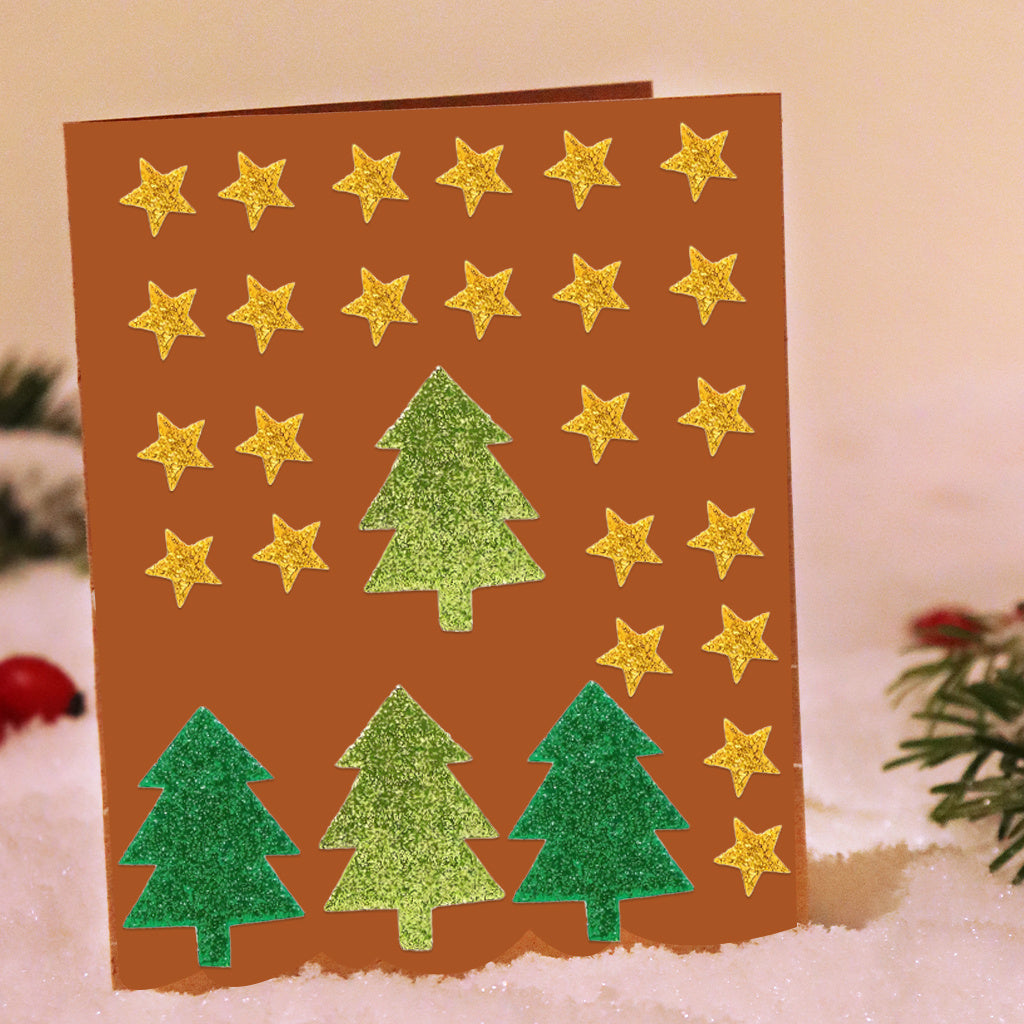 4PCS 2 sets of Christmas trees and stars crystal standard UV DTF transfer sticker sets, perfect for adding a charming seasonal atmosphere to glass jars and space decorations. Self-adhesive, removable, and waterproof stickers.