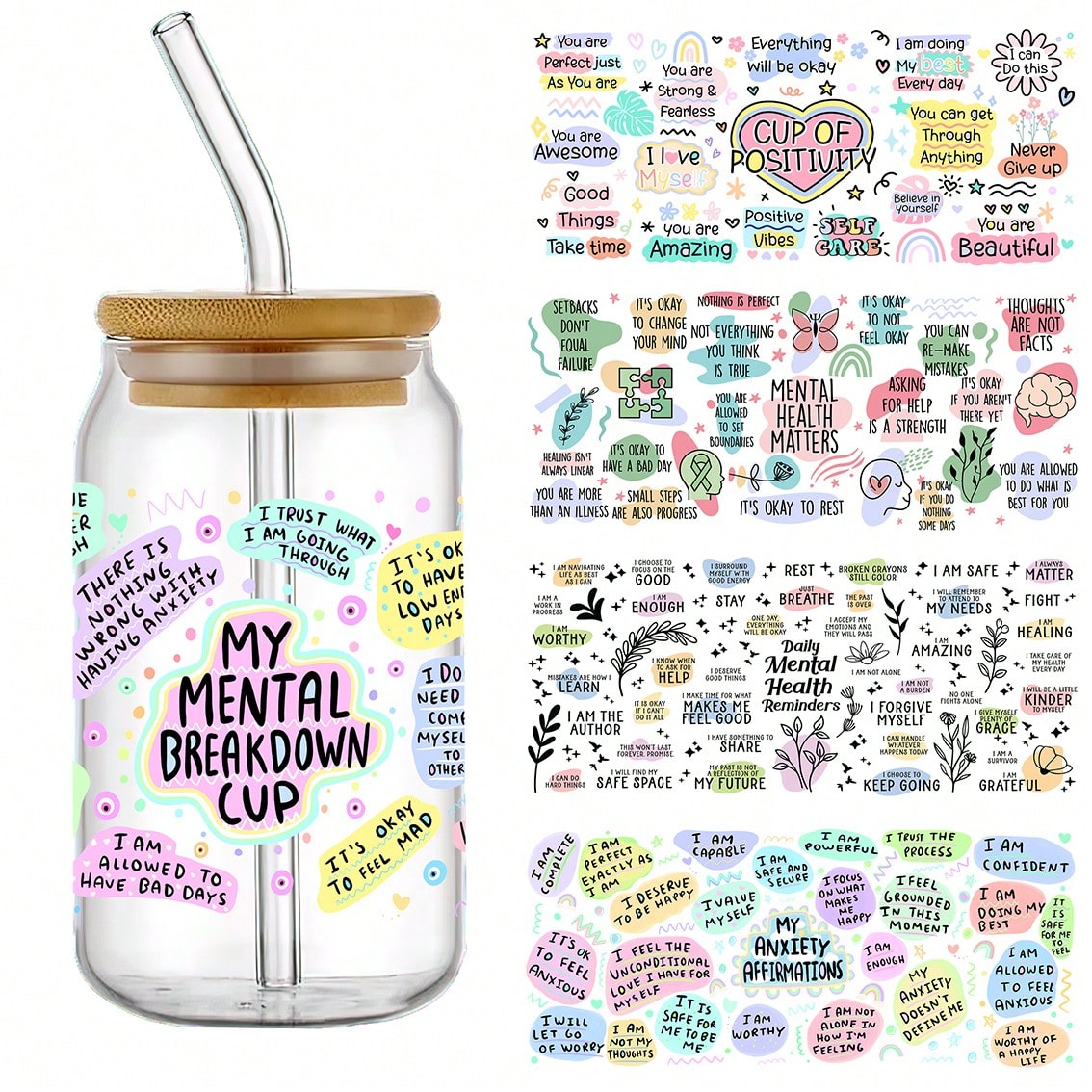 5pcs/Set Mental Health Theme UV DTF Cup Wraps, Waterproof Self-Adhesive Stickers For Mugs, Water Bottles, 16oz Glass Can Wraps, 3D Crystal Label, DIY Crafts