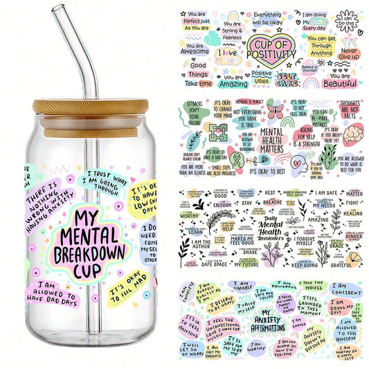 5pcs/Set Mental Health Theme UV DTF Cup Wraps, Waterproof Self-Adhesive Stickers For Mugs, Water Bottles, 16oz Glass Can Wraps, 3D Crystal Label, DIY Crafts