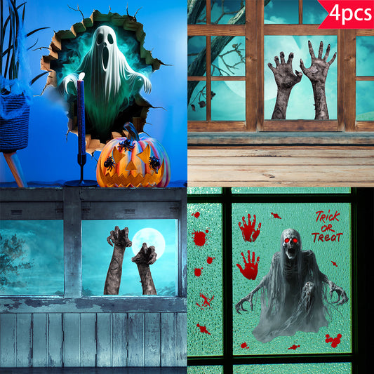 Halloween Horror Atmosphere Sticker Set of 4: Includes 4 stickers such as a ghost breaking through a wall and zombie hands reaching for the window, creating a thrilling Halloween atmosphere with ghosts and zombies.