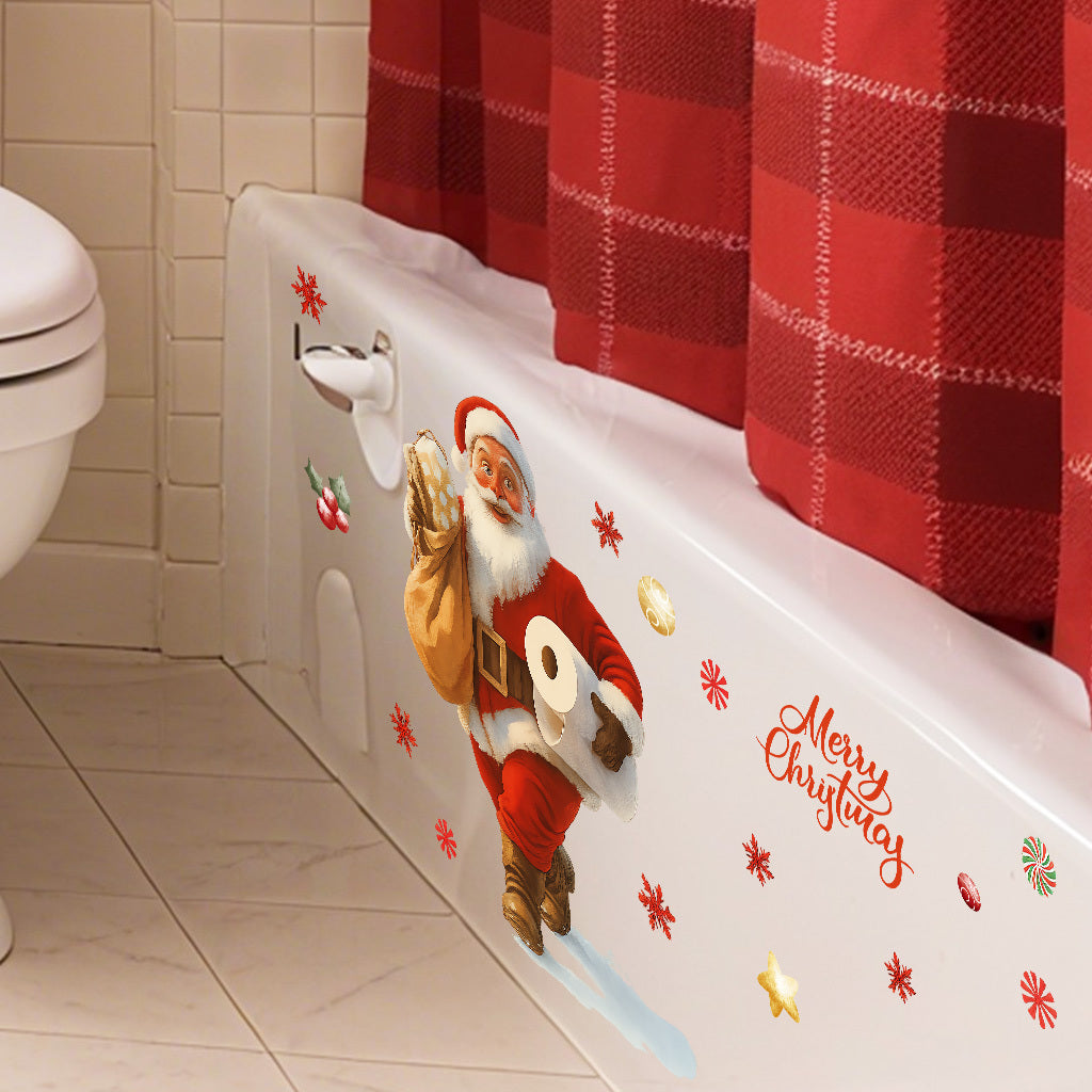 A set of Santa Claus toilet stickers holding gifts and toilet paper, suitable for home decoration, outdoor decoration, glass decoration, etc. Self-adhesive, removable, waterproof, creative DIY stickers.