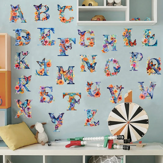 26pcs A-Z Floral Alphabet Sticker Set - Watercolor letters paired with butterflies and flowers, perfect for custom decorations, creative art projects, and adding charming aesthetics. Self-adhesive and removable creative wall stickers.