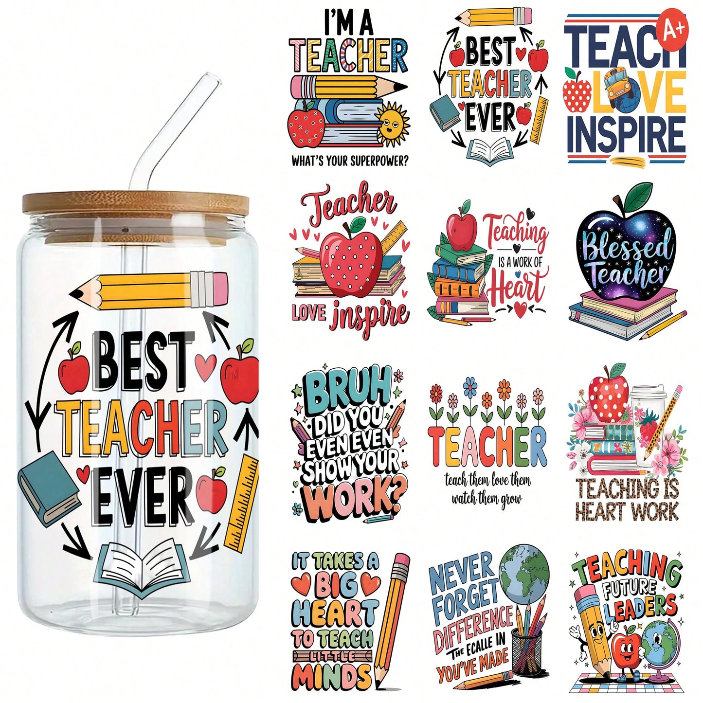 1 set of ELEWINS 12 Sheets UV DTF Cup Wraps For 16oz Tumblers - Teacher Appreciation Insulated Tumbler Wraps Permanent Scratch-Resistant Transfers For Glass & Mugs - Easy-Peel UV DTF Transfers For Smooth Surfaces