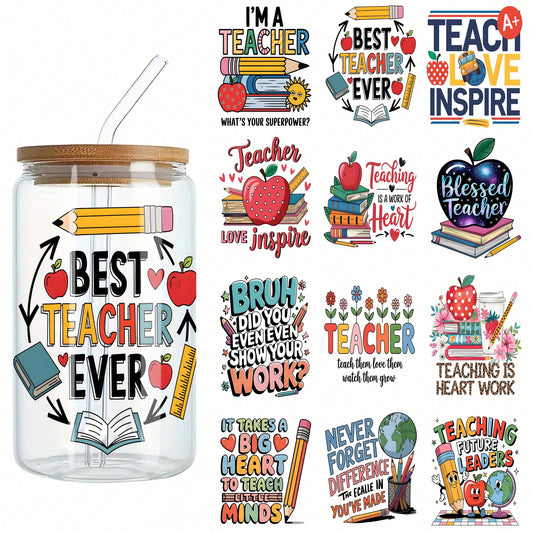 1 set of ELEWINS 12 Sheets UV DTF Cup Wraps For 16oz Tumblers - Teacher Appreciation Insulated Tumbler Wraps Permanent Scratch-Resistant Transfers For Glass & Mugs - Easy-Peel UV DTF Transfers For Smooth Surfaces