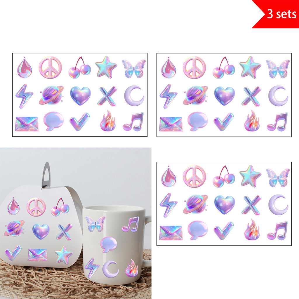 3pcs Pastel Fashion Icons UV DTF Crystal Sticker Set with vibrant rainbow shimmer symbol designs, perfect for decoration and fashion accents. Enhances modern aesthetics with self-adhesive waterproof transfer stickers.