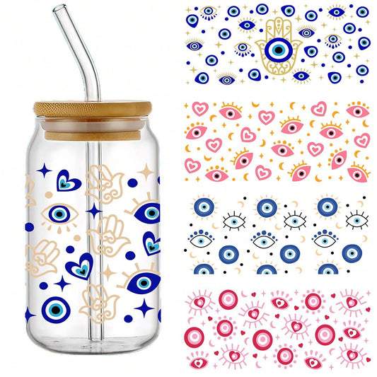 1 set of 5pcs Lucky Pink Blue Eye UV DTF Transfer Printing Waterproof Self-Adhesive Stickers For Mug Water Bottle Cup, DTF Transfer Sticker For 16 OZ Glass Can Wrap, 3d Crystal Label Waterproof And Scratch Resistant, DIY Wrap Transfer Sticker Glass Cup St