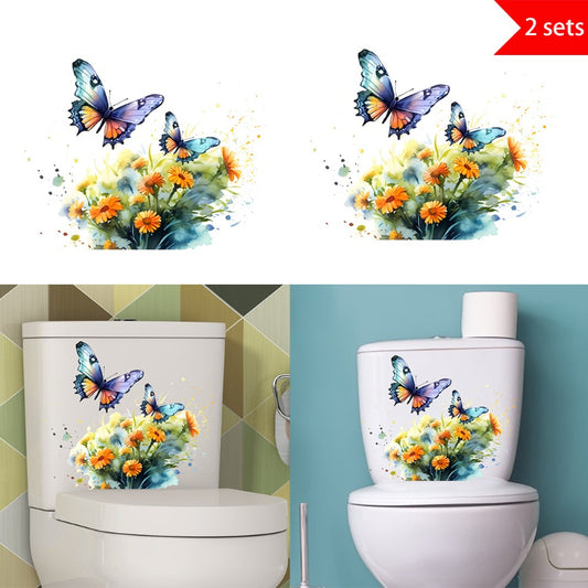 Two sets of watercolor butterfly and flower stickers, featuring vibrant butterflies and floral art in natural scenery, suitable for home decoration, glass decoration, etc., self-adhesive and removable toilet stickers.