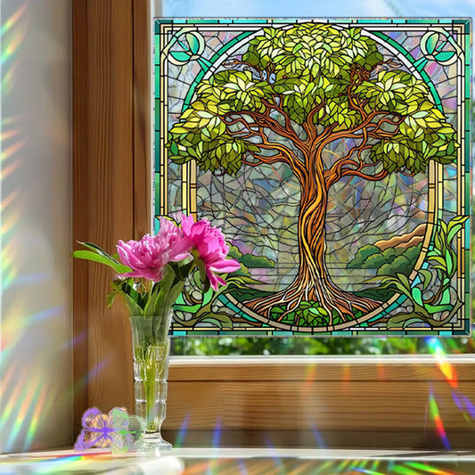 1pc Art Nouveau style stained glass Tree of Life static sticker, exquisite leaf decoration, natural elegance, artistic decoration of eternal plant aesthetics, providing a refined decorative touch with electrostatic glass adhesion.