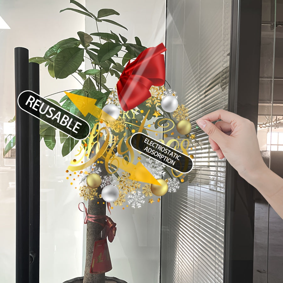 A set of Elegant Christmas decorations, glass stickers with a gorgeous gold and red bow design, featuring the words 'Merry Christmas, ' add a luxurious and festive touch to home decor. They are statically adhered, waterproof, and reusable.