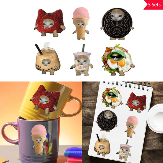 5套 可爱网红 百变 小猫UV DTF水晶标签转印贴纸，适用于礼品盒、瓶子、水杯和手机壳。这是一款创意DIY水晶标签贴纸，用于窗玻璃杯装饰，具有自粘、防水、可拆卸的转印贴纸功能。