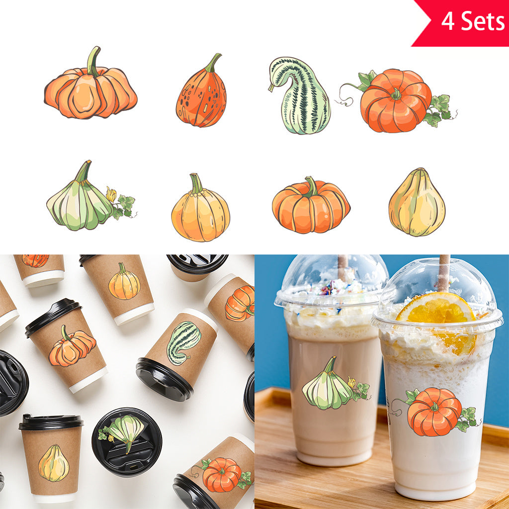 4套 秋天里的南瓜转移水晶标贴纸 3D diy创意贴纸 可爱南瓜贴纸 UV DTF 转印贴纸办公室和家用 玻璃杯 咖啡杯贴纸 DIY 包裹转移贴纸