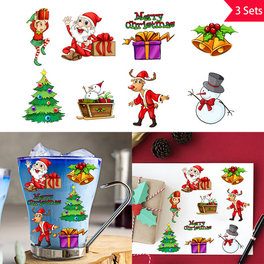 3套 圣诞节狂欢转印水晶标贴纸 UV DTF 转印贴纸 办公室和家用 玻璃杯 咖啡杯 DIY 包裹转移 3D 创意贴纸 自粘防水乙烯基材质