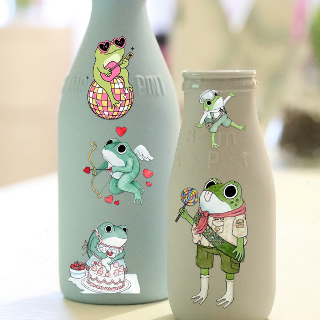 6pcs Cute and versatile frog UV DTF crystal label transfer sticker set, suitable for glass jars and space decoration, item decoration, self-adhesive, removable, waterproof, creative DIY crystal label transfer stickers, cartoon cute little frog stickers