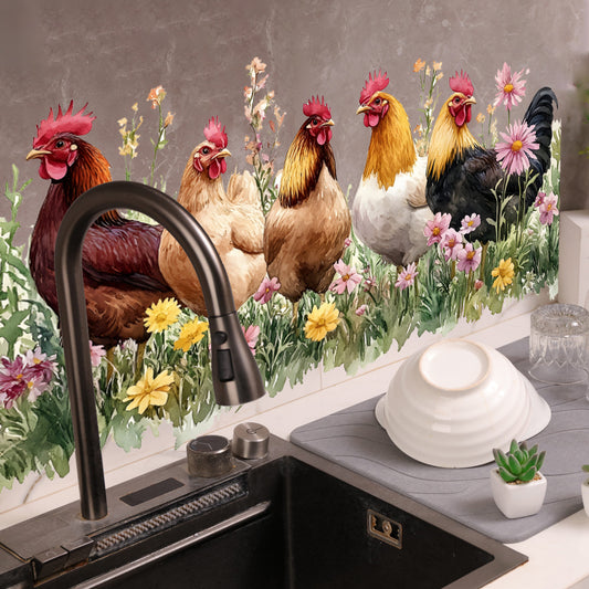 1pc Watercolor farm chicken stickers featuring colorful poultry in a floral meadow, perfect for country home decor. Rustic art accents to add a touch of fun to life. Self-adhesive, removable, and waterproof wall stickers.