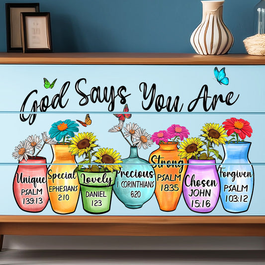 1套 信仰系圣经箴言花瓶墙贴，多彩花瓶配花卉，印 “God Says You Are” 及圣经经文，贴于书房、祷告区，为空间添信仰温馨氛围与励志格调。