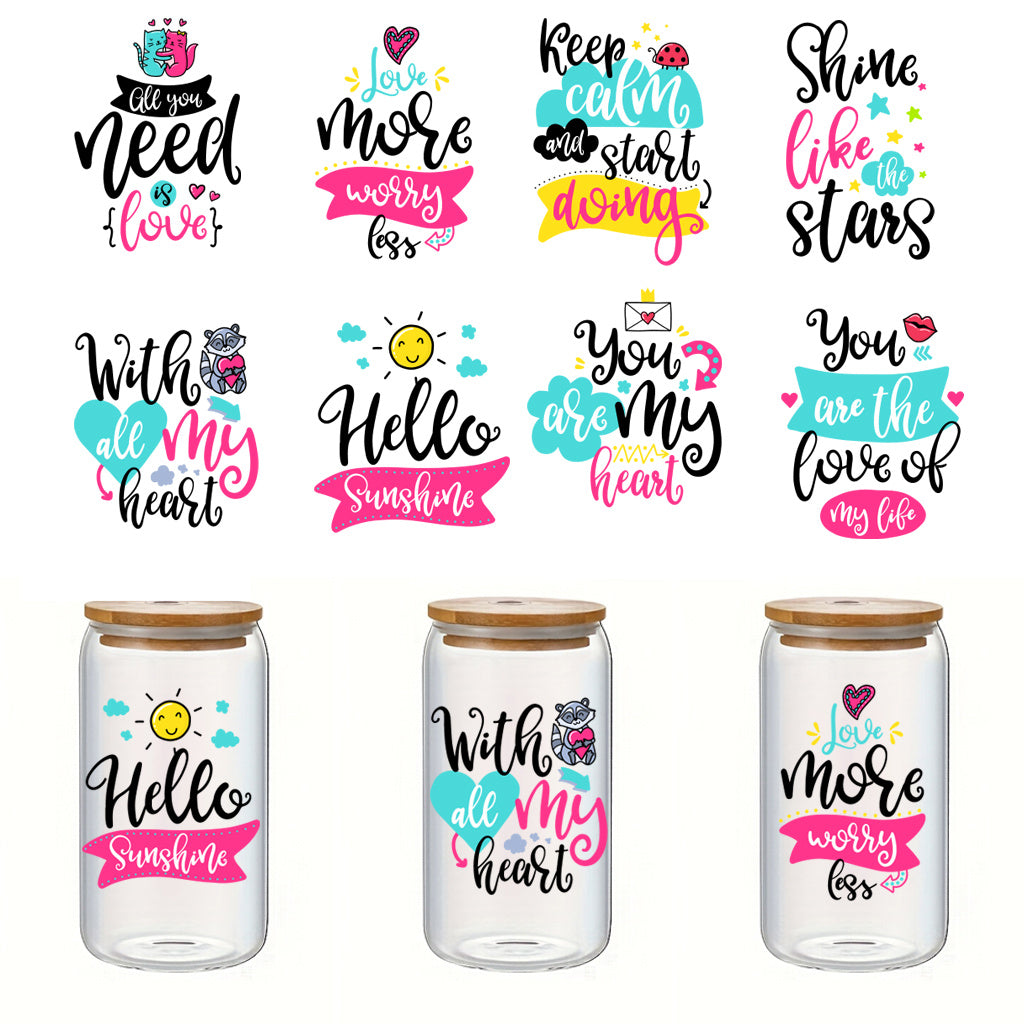 3套 彩色潮流朋克 时尚前卫文字转印水晶标贴纸 励志贴纸UV DTF转印贴纸 适用于水杯 咖啡杯 玻璃等装饰 半哑光自粘乙烯基贴纸