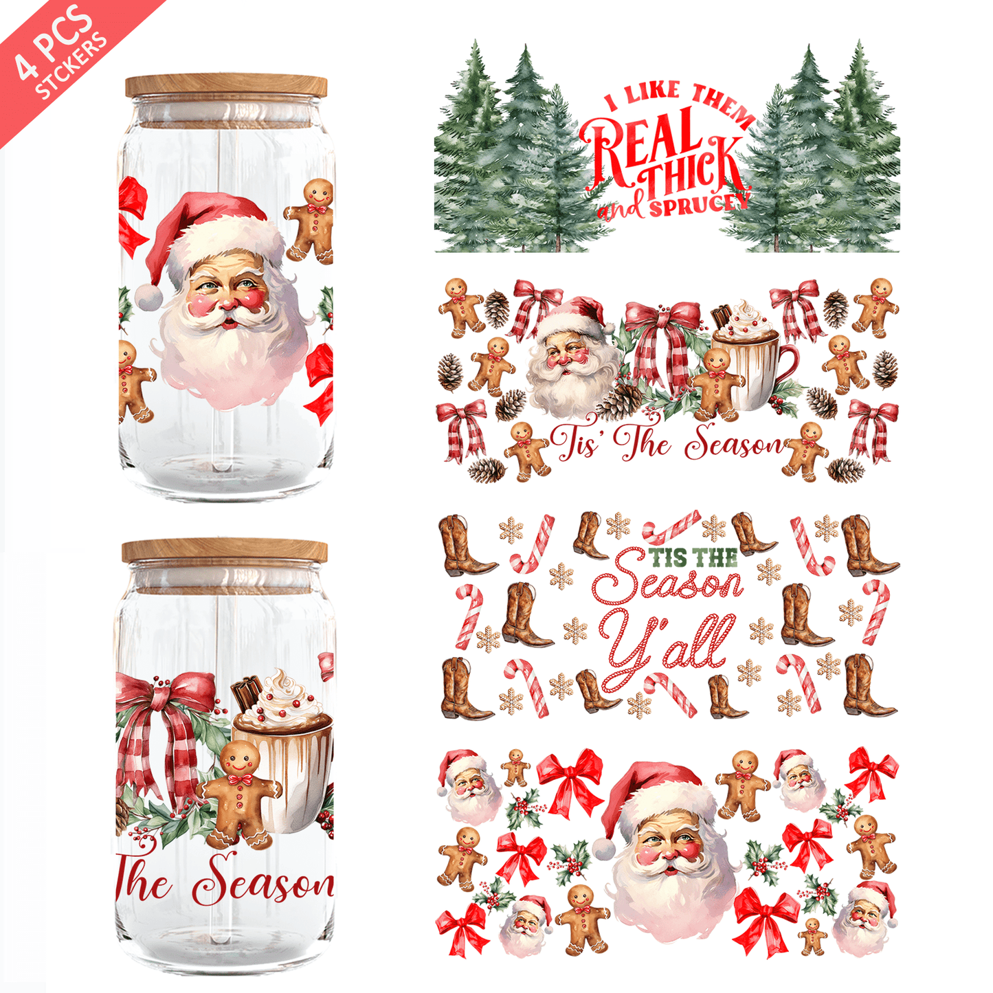 1 set of 4pcs Christmas UV DTF Cup Wrap For 16oz Libbey Glass - Waterproof 3D Crystal Transfer Sticker For DIY Crafting, Mugs, Laptops