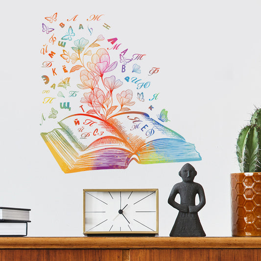 1pc Whimsical colorful literary stickers, wall decals featuring rainbows with flowers, butterflies, and Cyrillic elements, perfect for book lovers' decor, educational art accents, with an enchanting aesthetic boost