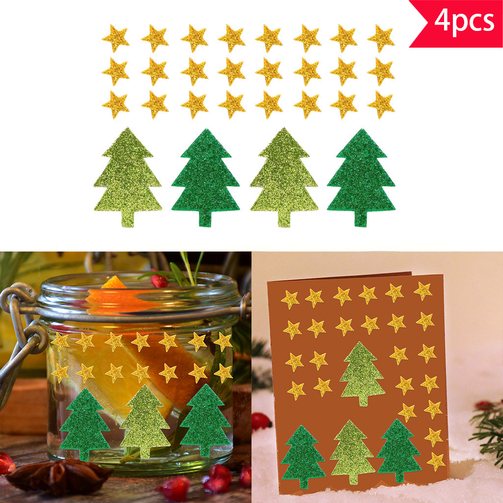 4PCS 2 sets of Christmas trees and stars crystal standard UV DTF transfer sticker sets, perfect for adding a charming seasonal atmosphere to glass jars and space decorations. Self-adhesive, removable, and waterproof stickers.