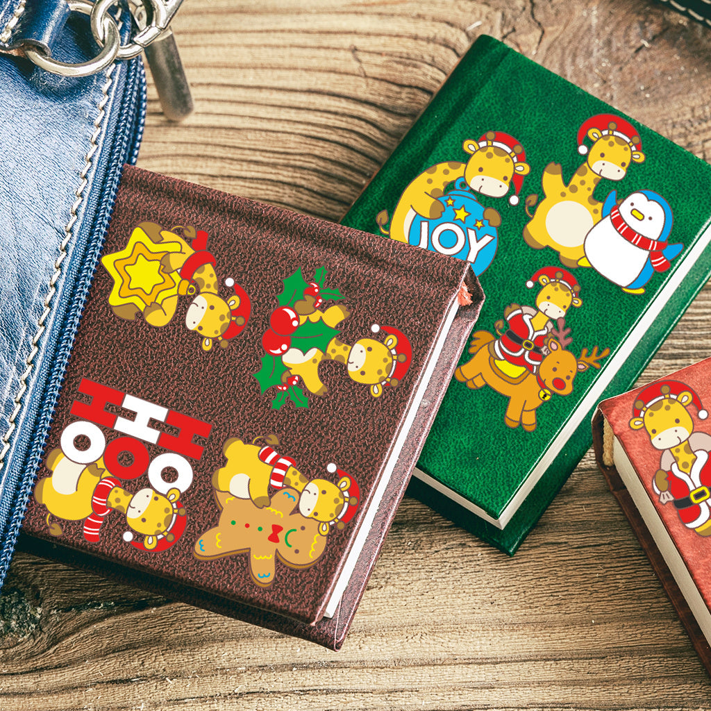 3套 快乐过圣诞可爱卡通长颈鹿转印水晶标贴 适用于水杯 咖啡杯 笔记本装饰等 UV DTF 创意diy贴纸 自粘防水创意diy转印贴纸