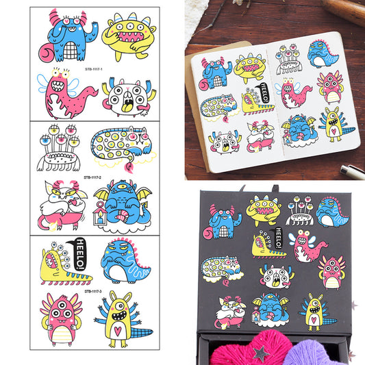 3pcs Quirky and colorful cartoon cute monster UV DTF transfer sticker set, featuring fun artistic creature designs, perfect for decoration, unique accents, and enhancing stylish aesthetics with self-adhesive crystal transfer stickers.