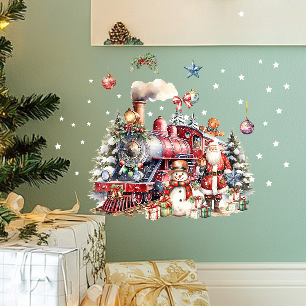 A set of Christmas Dream Train Toilet Sticker: A red train full of festive atmosphere, accompanied by Santa Claus and snowmen, surrounded by gifts and decorations, like a fairy tale scene, adding Christmas fun to the bathroom.