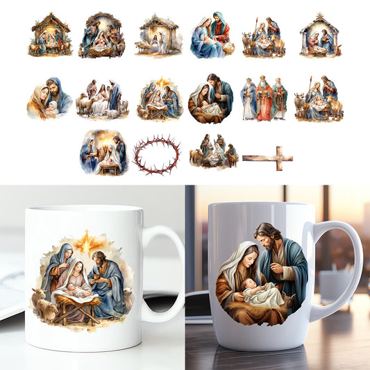 4pcs Christmas Jesus Catholic Christian Character Transfer UV DTF Crystal Stickers, suitable for cups, computers, home decor, etc. Self-adhesive waterproof creative stickers to add festive atmosphere and vitality.