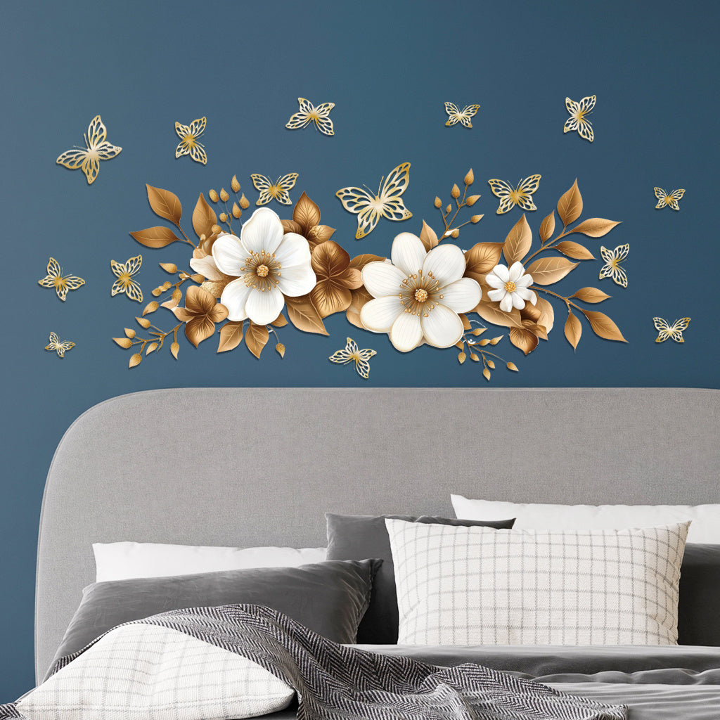 1pc Luxurious gold floral butterfly stickers, self-adhesive wall decals with gorgeous white flowers, gilded leaves, and butterflies, perfect for elegant decoration, exquisite art accents, and charming aesthetic enhancement.