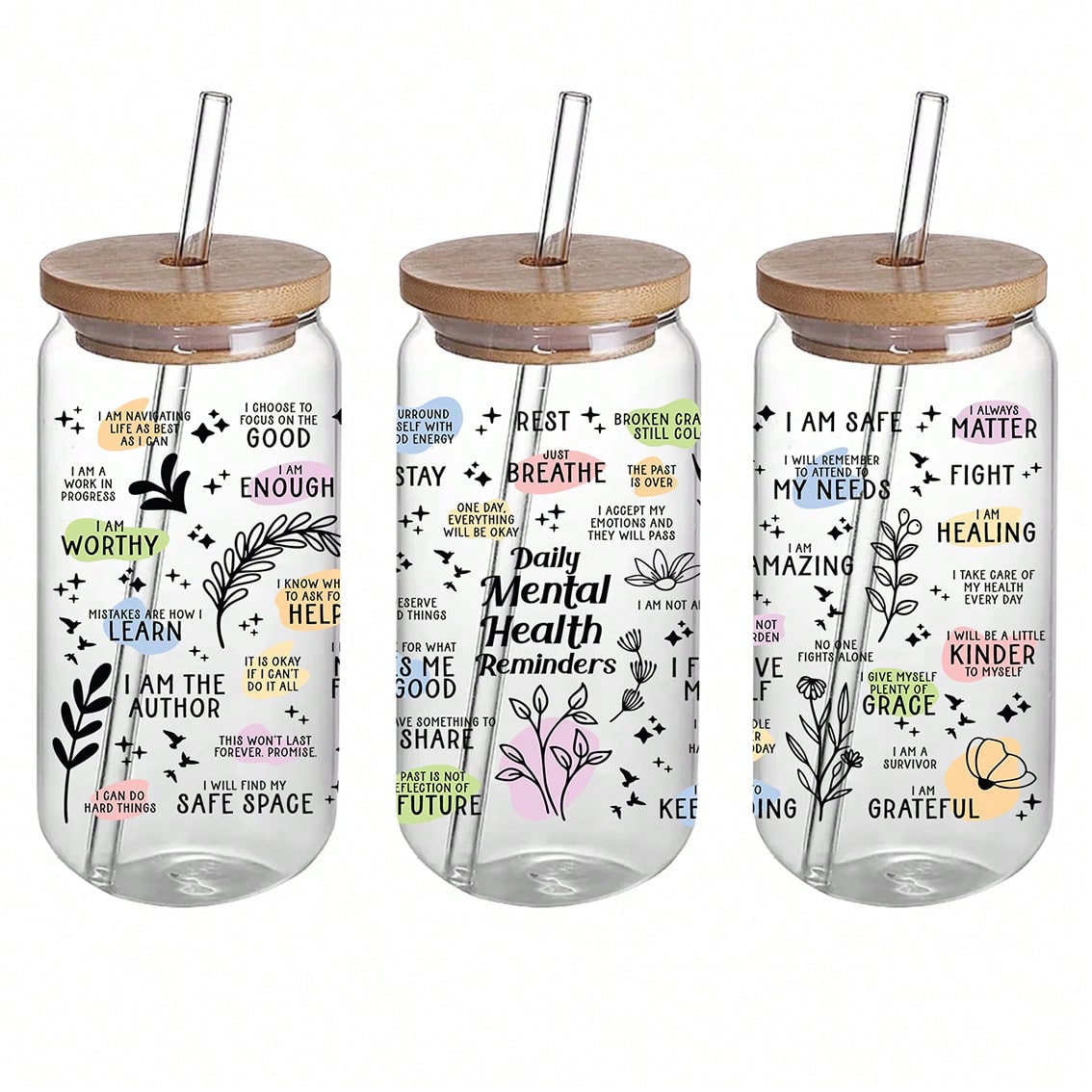 5pcs/Set Mental Health Theme UV DTF Cup Wraps, Waterproof Self-Adhesive Stickers For Mugs, Water Bottles, 16oz Glass Can Wraps, 3D Crystal Label, DIY Crafts