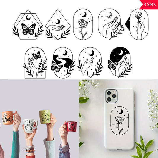 3套 手中捧月黑白贴纸 增添生活趣味性与活力 适用于水杯 笔记本 储物柜等装饰转印水晶贴纸 潮流自粘文化艺术水晶贴纸 UV DTF 转印贴纸办公室和家用