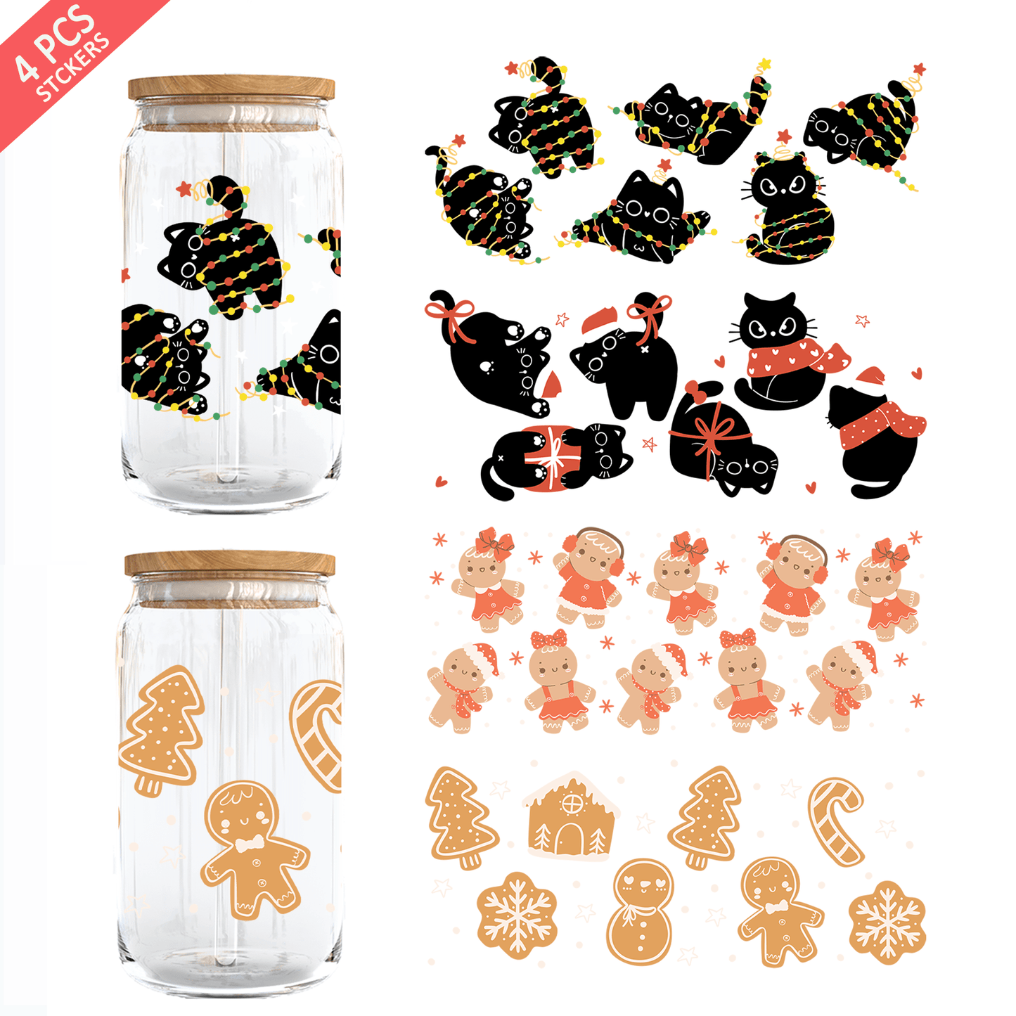 1 set of 4pcs Christmas UV DTF Cup Wrap For 16oz Libbey Glass - Waterproof 3D Crystal Transfer Sticker For DIY Crafting, Mugs, Laptops