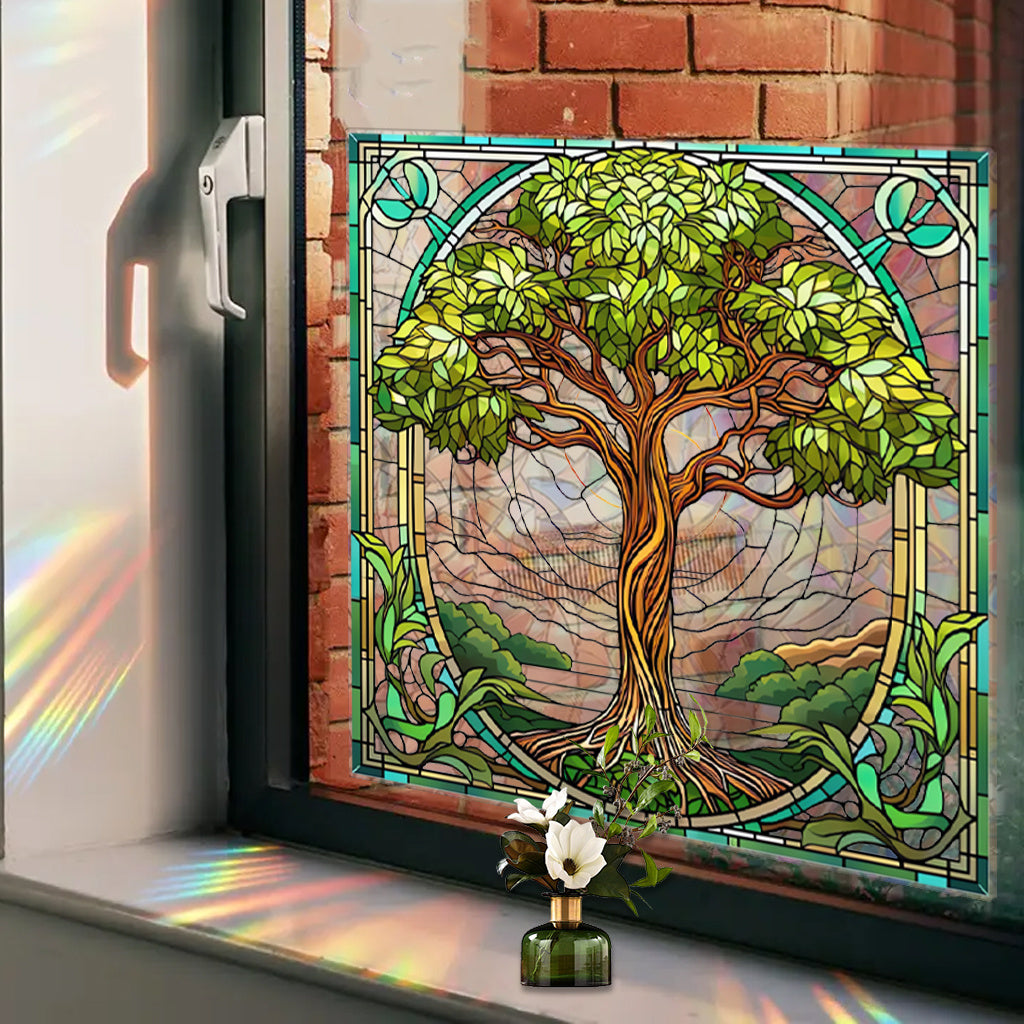 1pc Art Nouveau style stained glass Tree of Life static sticker, exquisite leaf decoration, natural elegance, artistic decoration of eternal plant aesthetics, providing a refined decorative touch with electrostatic glass adhesion.