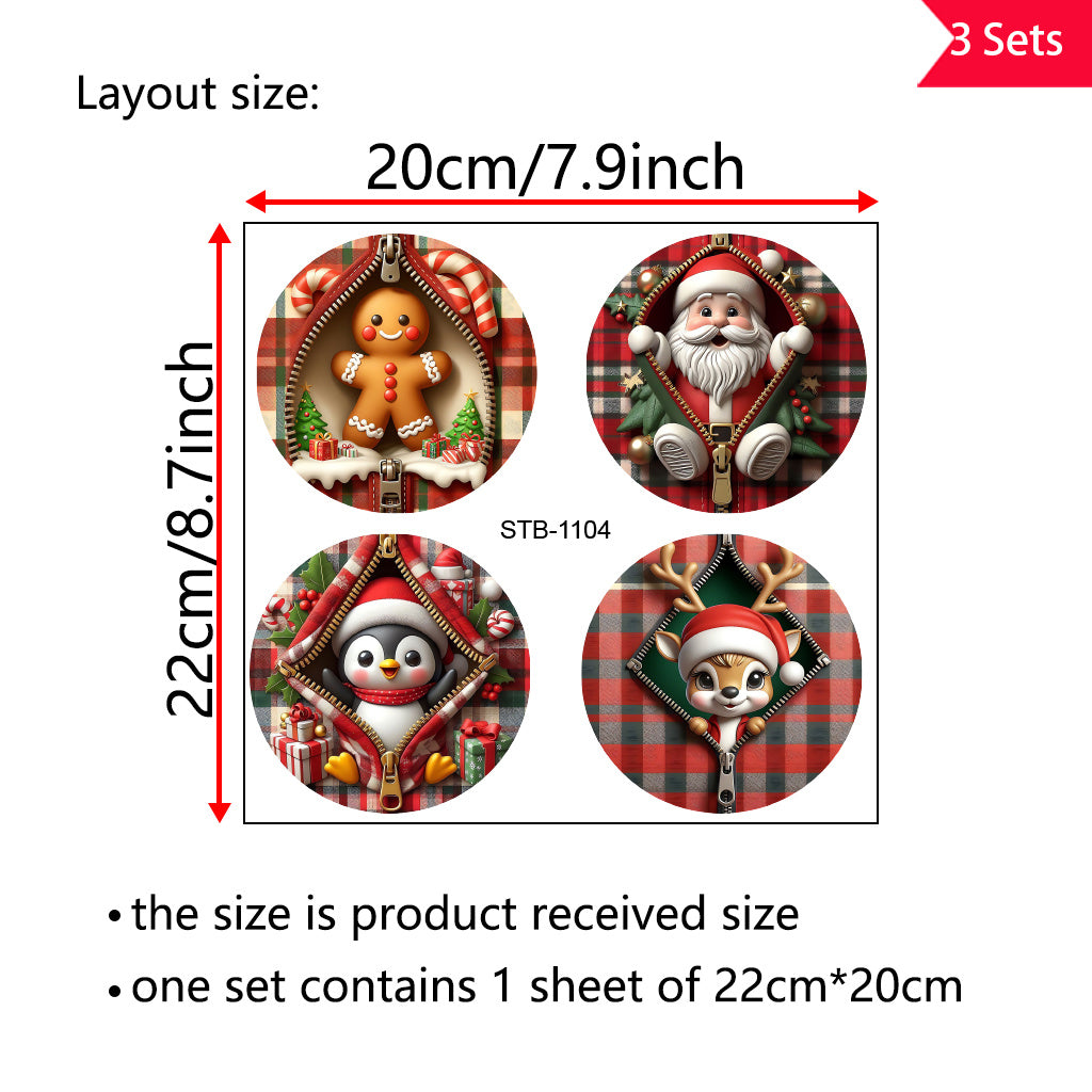 3套 拉链萌趣圣诞UV DTF转印贴纸套装 可爱姜饼人、慈祥圣诞老人、俏皮小企鹅与萌态驯鹿破格而出，为你的生活装点浓郁圣诞氛围