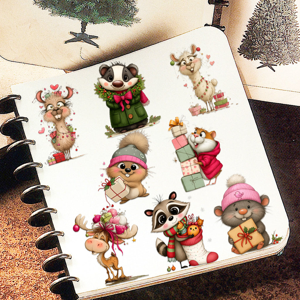 2pcs Cute cartoon Christmas animal UV DTF Crystal label transfer sticker series - Charming squirrel, badger, alpaca and raccoon designs, perfectly adding a festive and artistic atmosphere to glass jars and adult holiday home decoration Spaces. Self-adhesi