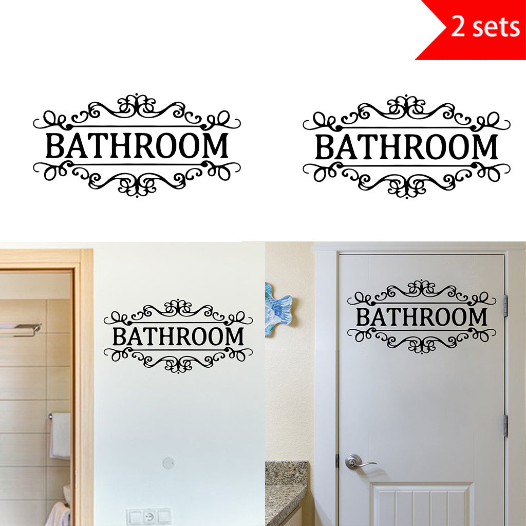 2套 复古花饰浴室标识墙贴，黑色复古花饰框 “BATHROOM”，风格典雅，贴于浴室门、墙面，为空间添复古标识感与精致格调。