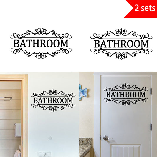 2套 复古花饰浴室标识墙贴，黑色复古花饰框 “BATHROOM”，风格典雅，贴于浴室门、墙面，为空间添复古标识感与精致格调。