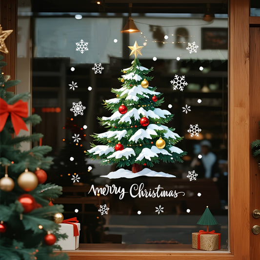 A set of Christmas Snow Scene Decorative Glass Stickers: Featuring snow covered Christmas trees with colorful baubles and snowflakes, accented with the words 'Merry Christmas'. Size: 60cm×45cm/17.71in*23.62in, creating a festive atmosphere.